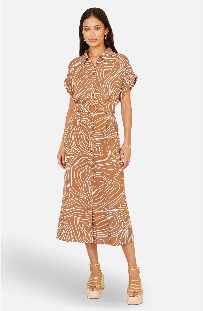 Yumi Abstract Swirl Print Relaxed Midi Dress, Alternate, color, Brown