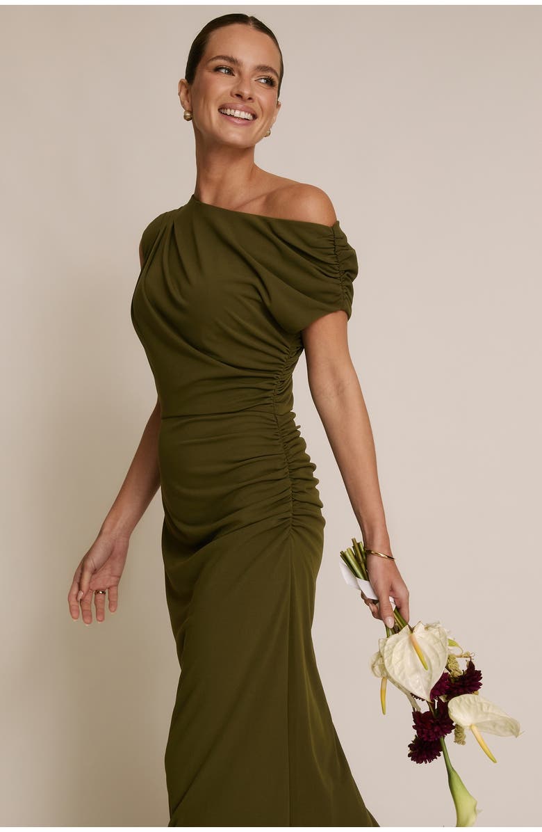 Six Stories Slash Neck Draped Bridesmaid Dress, Alternate, color, Fern