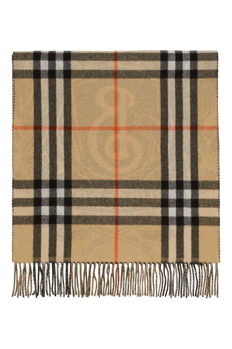 Reversible Stormy Knight & Check Cashmere Fringe Scarf, Alternate, color, SAND