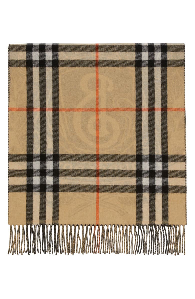 Burberry Reversible Stormy Knight & Check Cashmere Fringe Scarf, Alternate, color, Sand
