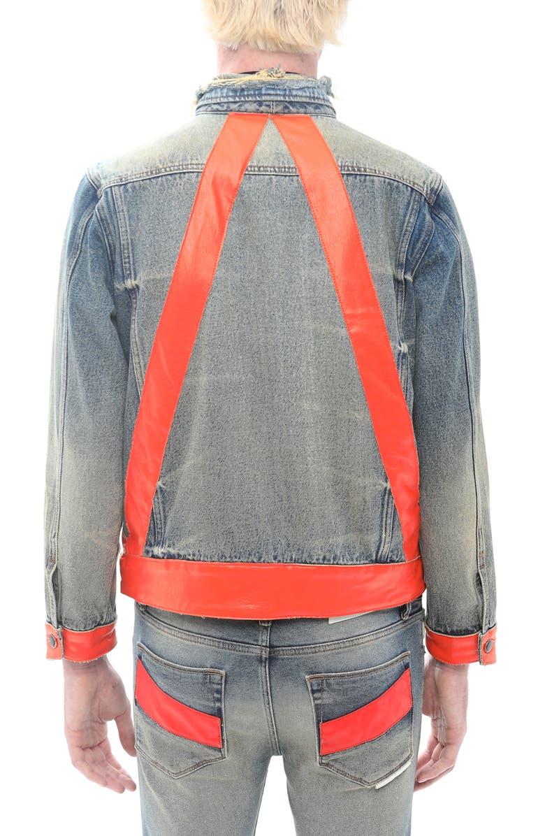 HVMAN Leather Detail Cotton Denim Trucker Jacket, Alternate, color, Aspen