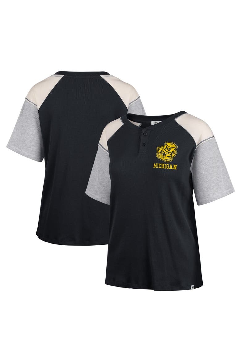 Women's '47 Black Michigan Wolverines Underline Harvey Colorblock Raglan Henley T-Shirt, Main, color, Black