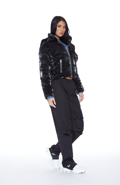 Blue Revival In The Mix Denim Shiny Puffer Jacket In Black/denim