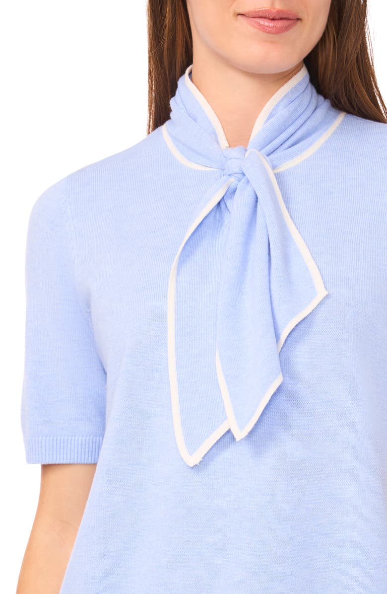 Halogen<sup>®</sup> Tipped Tie Neck Short Sleeve Sweater, Alternate, color, Sweet Blue/ Ivory