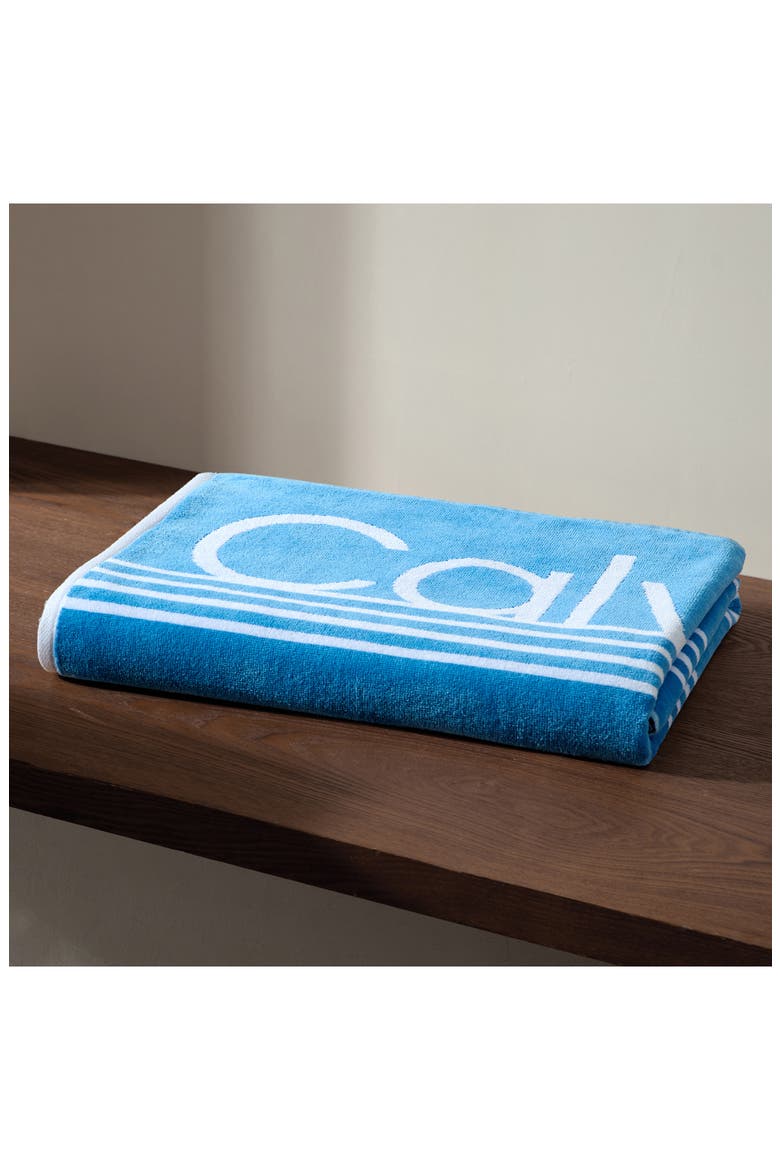 Pinstripe Logo Beach Towel, Alternate, color, JASPER BLUE/WHITE