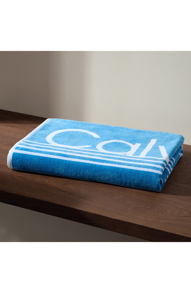 Calvin Klein Pinstripe Logo Beach Towel, Alternate, color, Jasper Blue/White