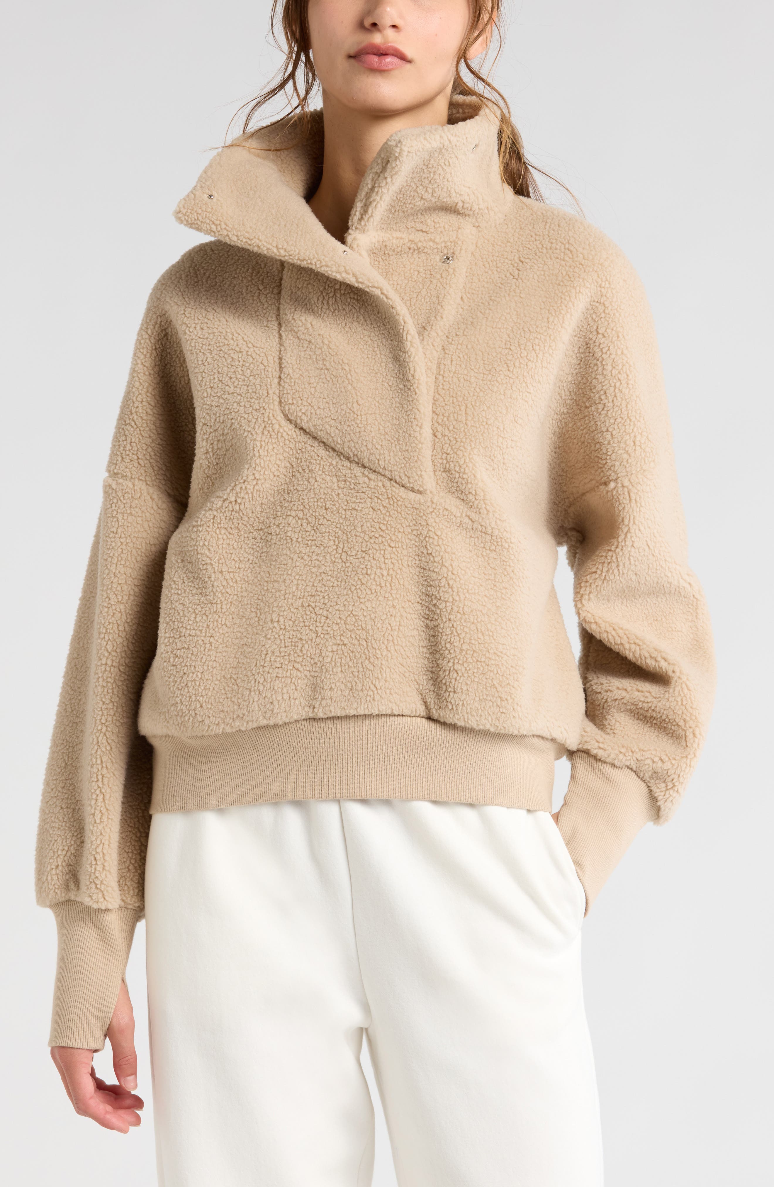 Zella Faux Shearling Funnel Neck Pullover