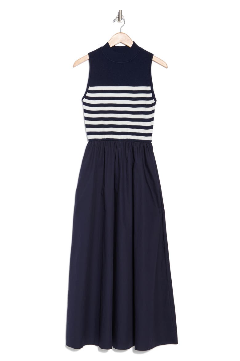 Country Club Sleeveless Mixed Media Maxi Dress, Alternate, color, PITCH NAVY/ WHITE STRIPE