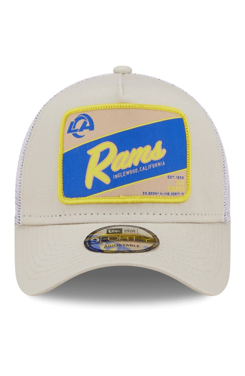 New Era Men's New Era Khaki/White Los Angeles Rams Happy Camper A-Frame Trucker 9FORTY Snapback Hat, Alternate, color, Khaki