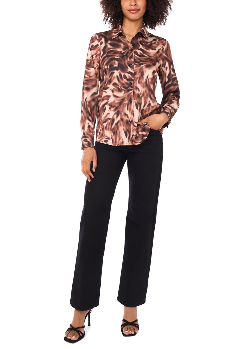 Satin Long Sleeve Button-Up Shirt, Alternate, color, TOFFEE