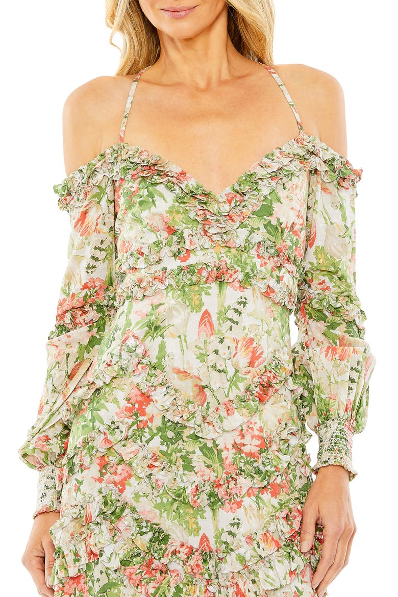 Floral Print Ruffle Cold Shoulder Long Sleeve Midi Dress, Alternate, color, WHITE MULTI