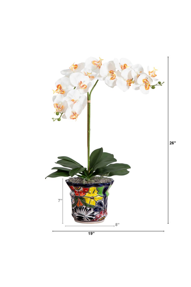 26-in Artificial Double Orchid Arrangement in Handmade Mexican Talavera Ceramic Planter, Alternate, color, Green