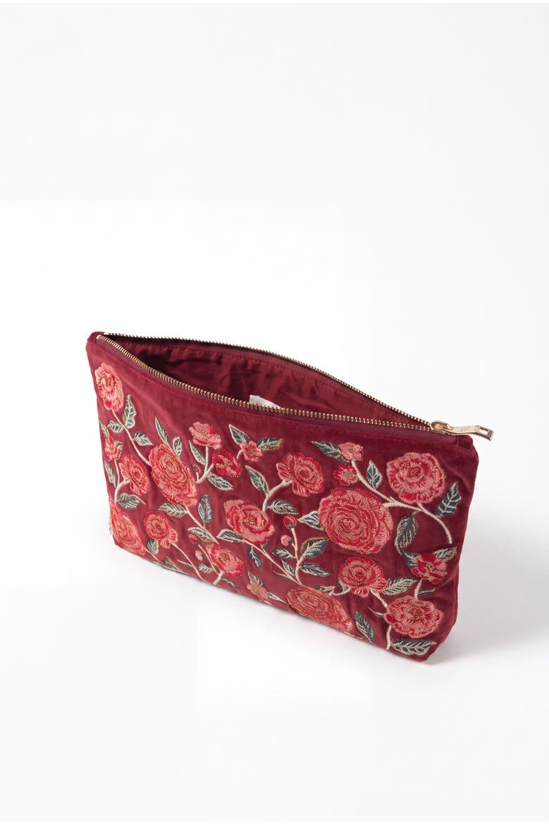Camellia Romance Velvet Everyday Pouch, Alternate, color, Cranberry