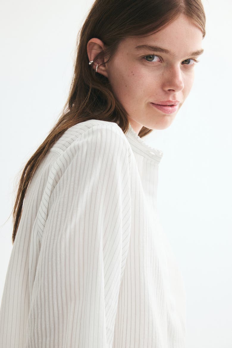 Ruffle-trimmed Stand-up Collar Shirt, Alternate, color, White/striped