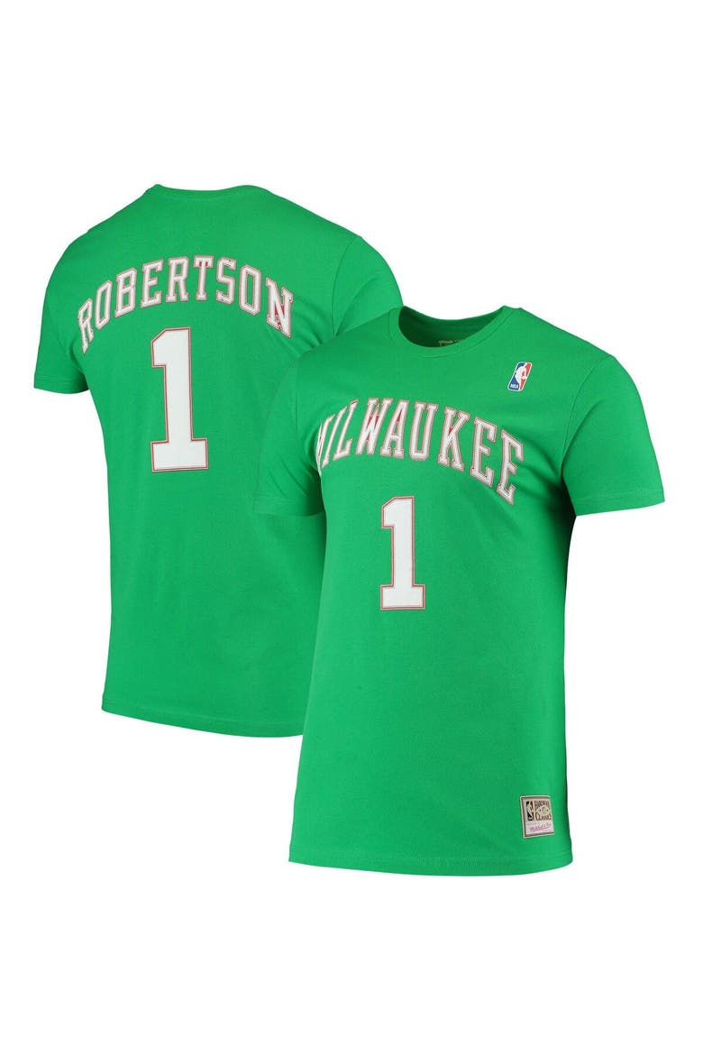 Men's Mitchell & Ness Oscar Robertson Green Milwaukee Bucks Hardwood Classics Stitch Name & Number T-Shirt, Alternate, color, Green