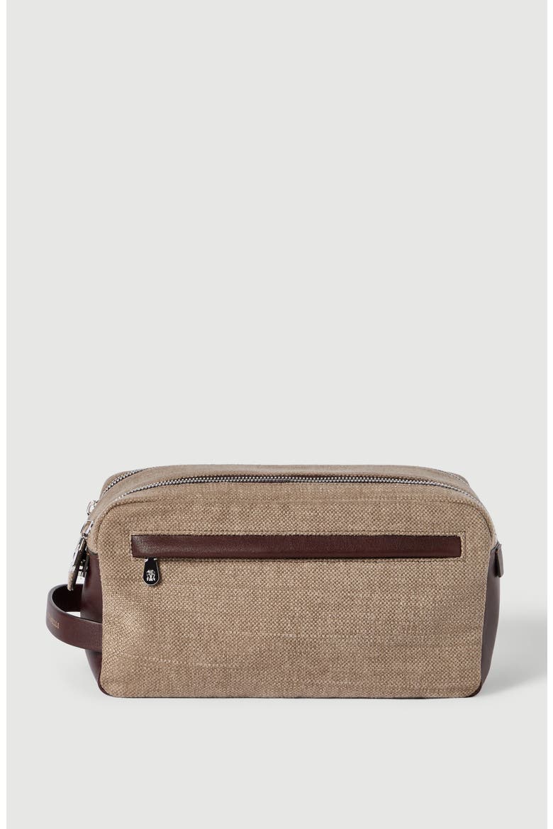 Water-resistant canvas and burnished calfskin beauty case with double zipper, Main, color, Leather