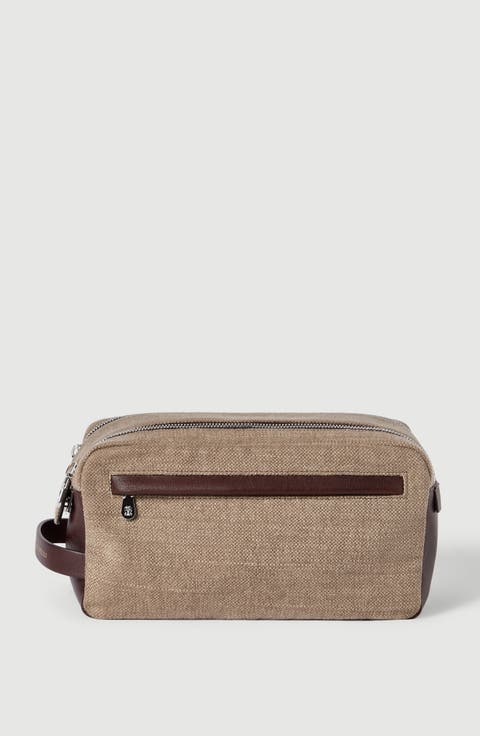 Water-resistant canvas and burnished calfskin beauty case with double zipper