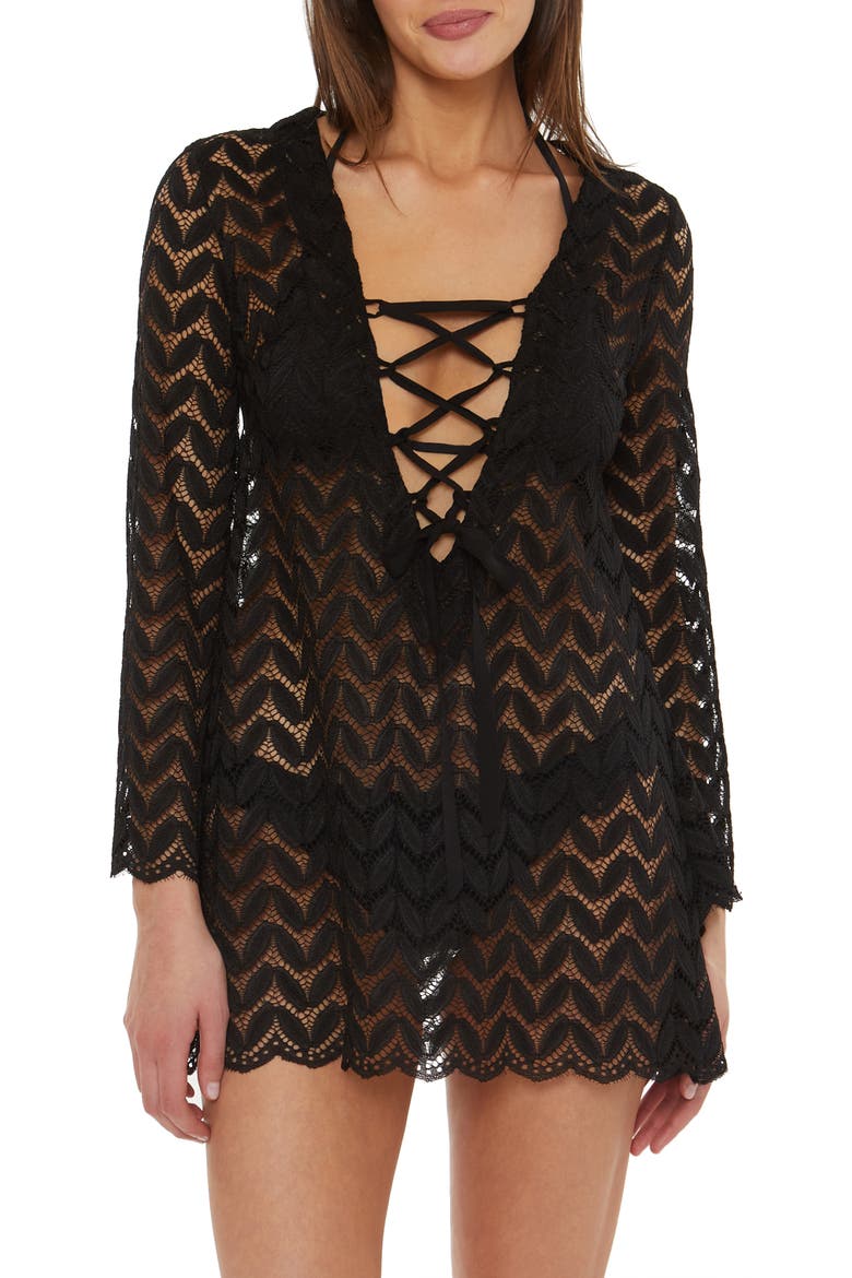 Venice Lace Long Sleeve Cover-Up Tunic, Main, color, BLACK