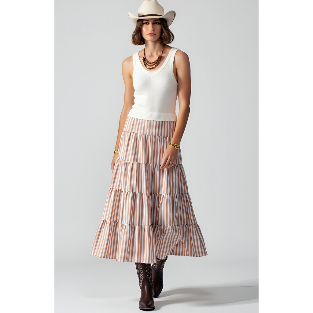 Modenaire Striped Tiered A-line Maxi Skirt With Elastic Waist And Soft Drape In Brown