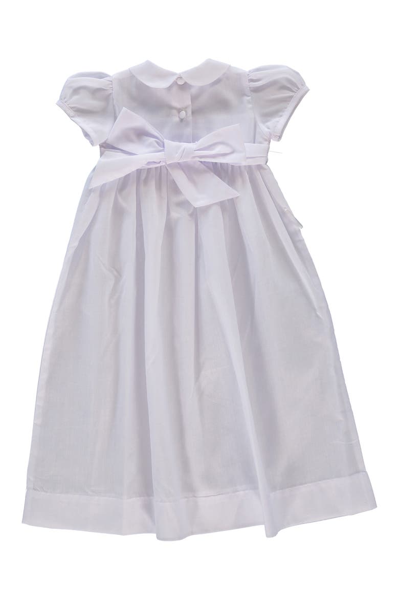 Smocked Inset Christening Gown, Bonnet & Booties Set, Alternate, color, WHITE