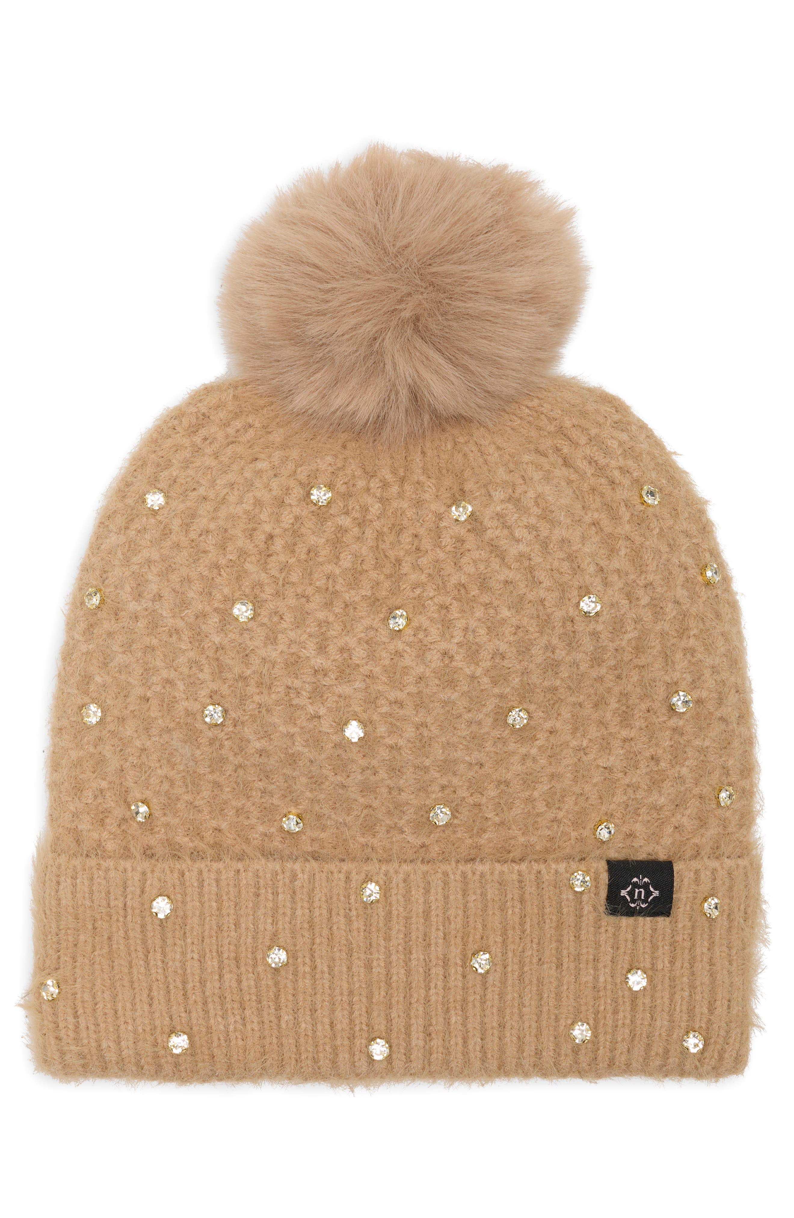 Embellished Faux Fur Pom Beanie