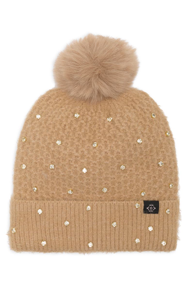 Embellished Faux Fur Pom Beanie, Main, color, TAUPE