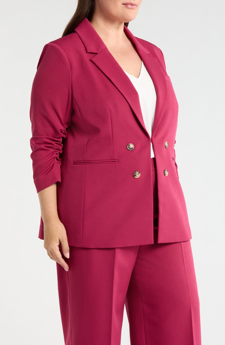 Tahari ASL Ruched Sleeve Faux Double Breasted Blazer, Alternate, color, Berry Bliss