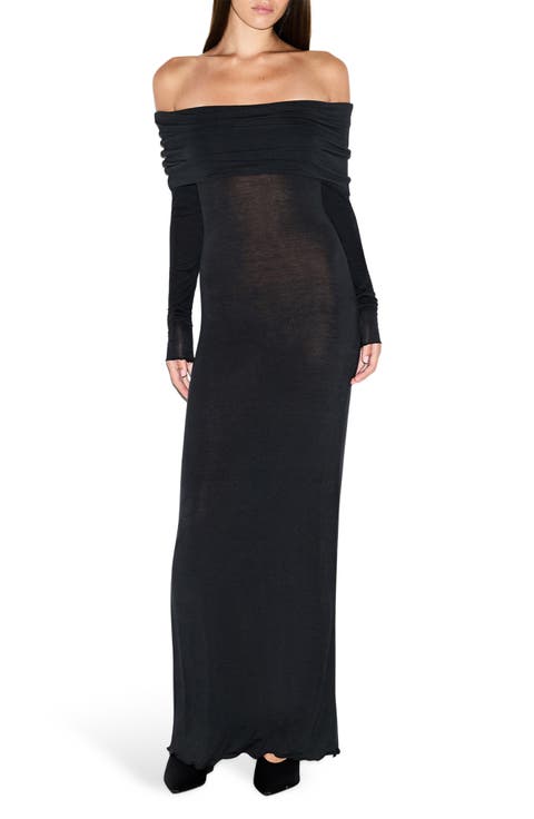 Sheer Modal Off the Shoulder Long Sleeve Maxi Dress (Regular & Plus)