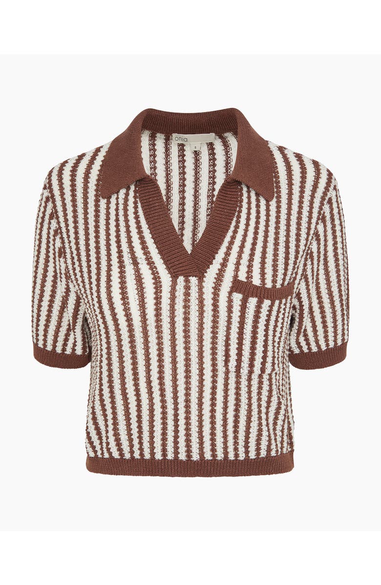 Onia Linen Knit Cropped Polo, Alternate, color, Brown/White