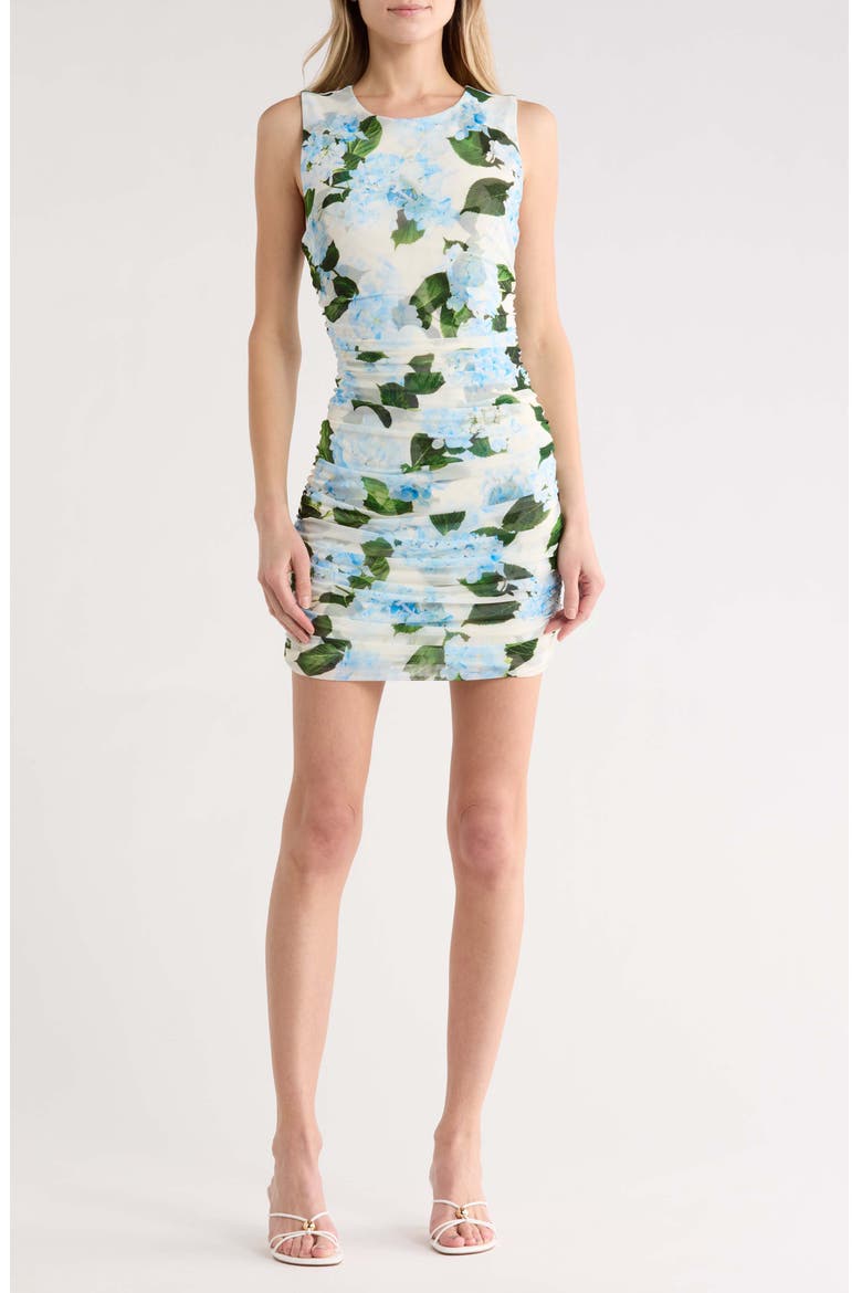 Sallie Floral Sleeveless Mesh Minidress, Main, color, IVORY/ LT BLUE LRG HYDRANGEA