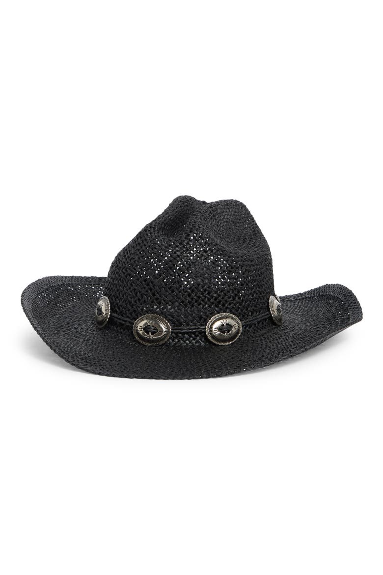 Boho Straw Cowboy Hat, Main, color, BLACK