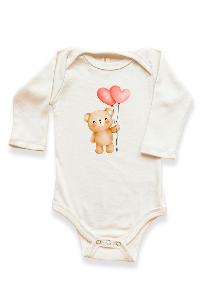 Heart Balloon Bear Gender Inclusive Organic Baby Bodysuit Long Sleeve, Main, color, Natural