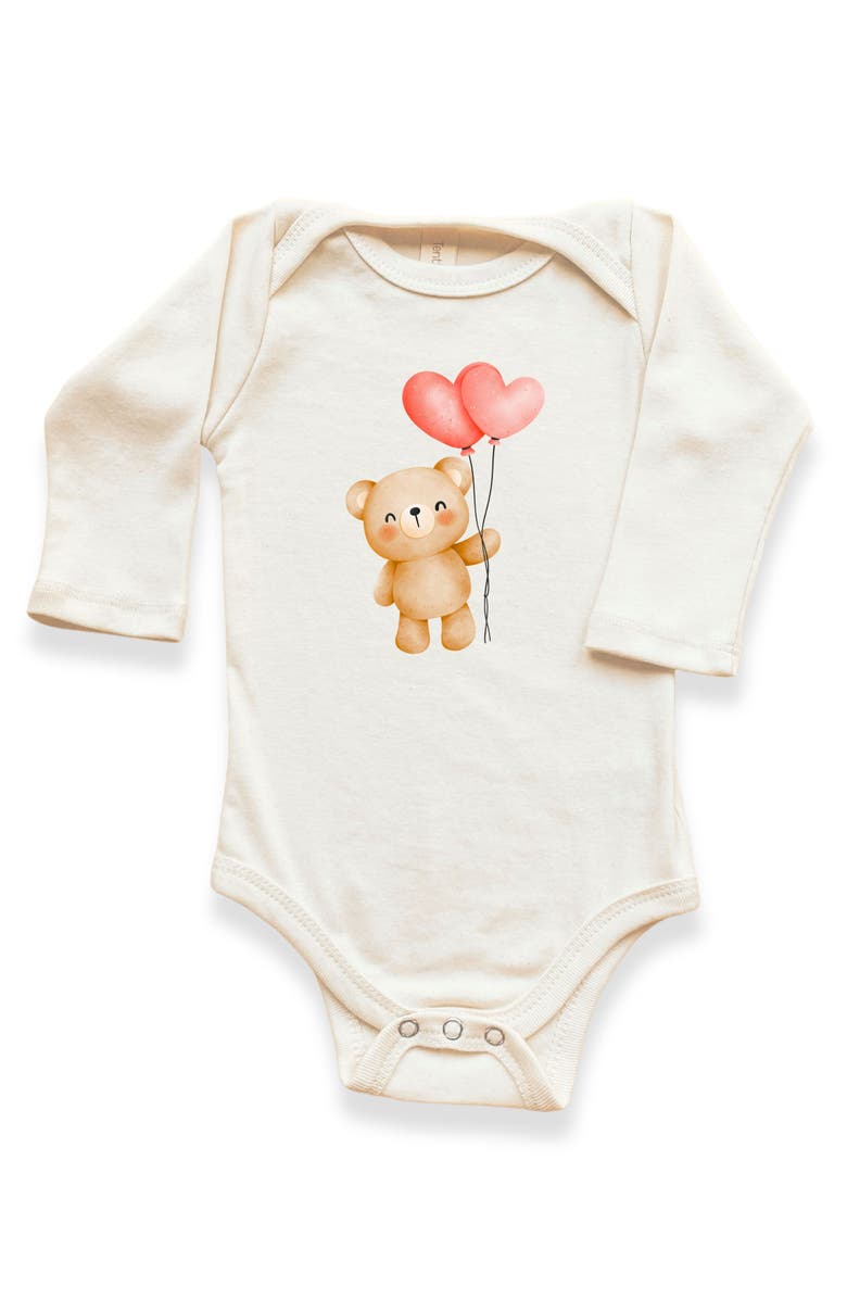 Tenth & Pine Heart Balloon Bear Gender Inclusive Organic Baby Bodysuit Long Sleeve, Main, color, Natural