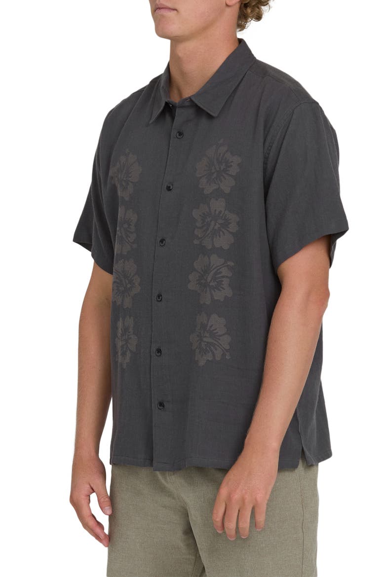 Cordoba Regular Fit Hibiscus Short Sleeve Knit Button-Up Shirt, Alternate, color, RAVEN