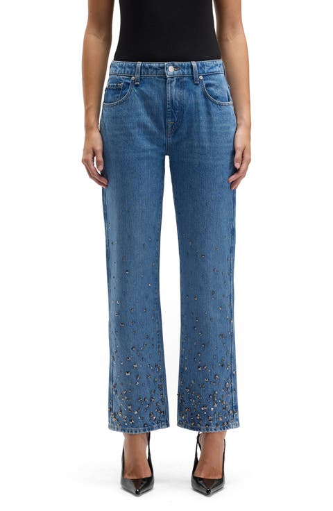 Calie Embellished Mid Rise Ankle Straight Leg Jeans (Dance with Crystals)