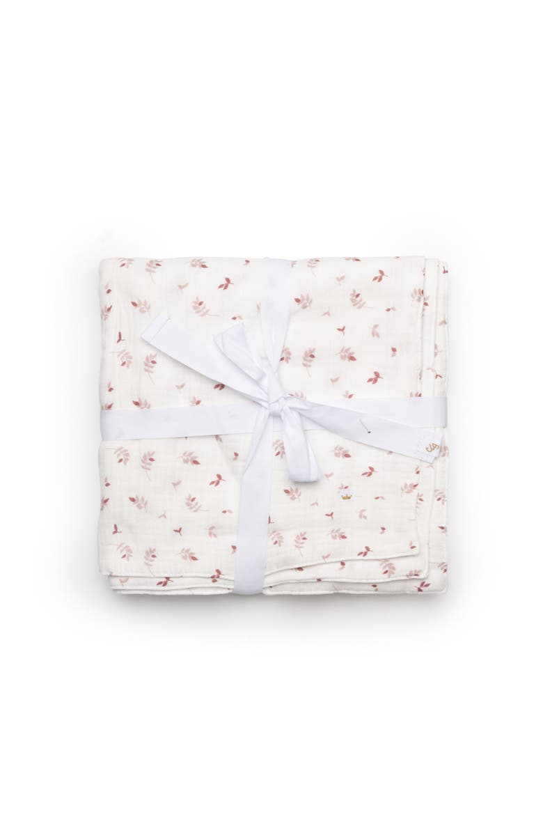 Charlotte & George Girl Leaves Print Gauze Muslin Blanket, Main, color, Cream/Dark Mauve