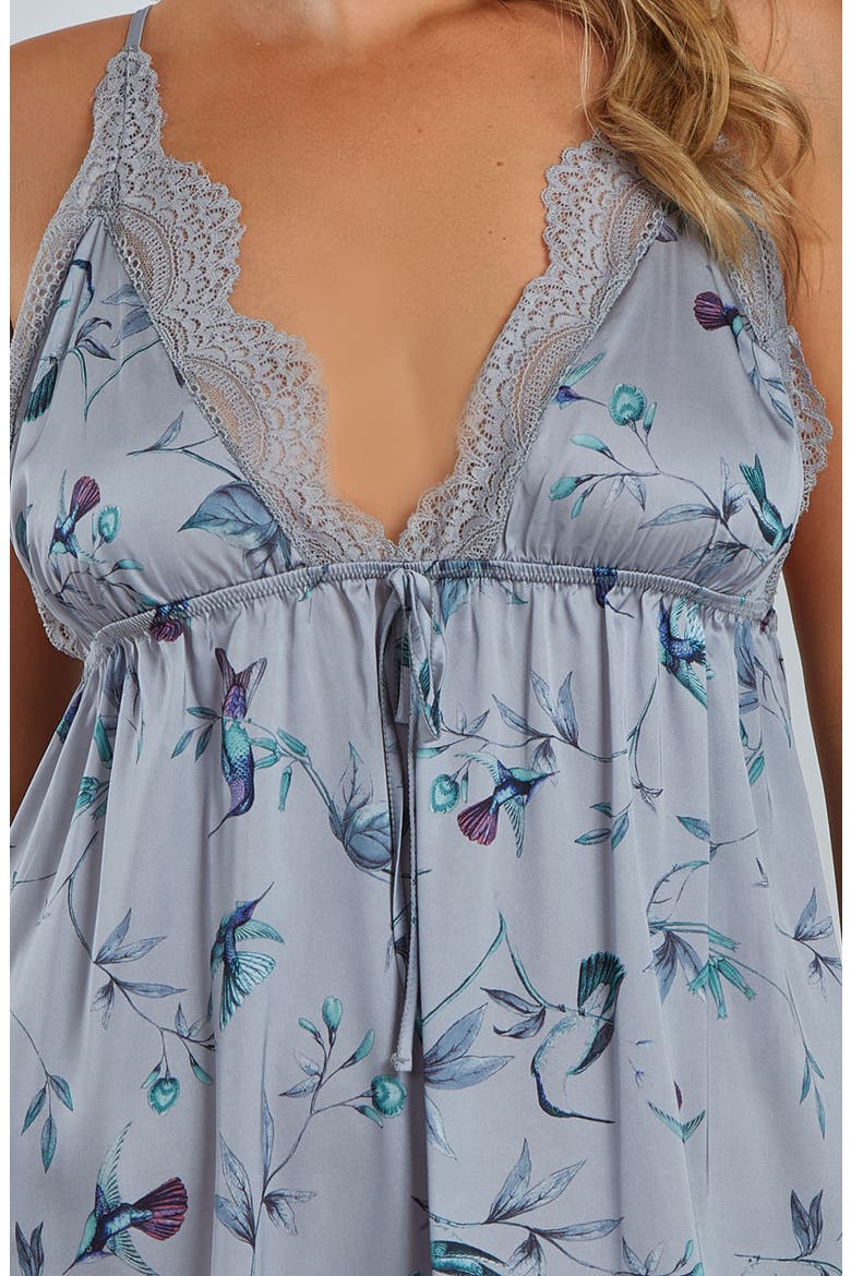 Hummingbird Print Satin Chemise with Laced Trimmed Plunge Neckline, Alternate, color, GRAY