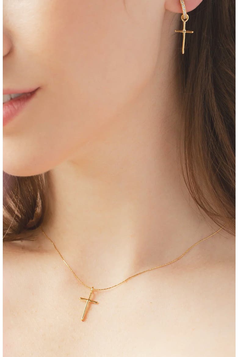 Sterling Silver 18k Gold Plated Ariel Cross Necklace & Mismatching Cross Earrings Set, Alternate, color, Gold