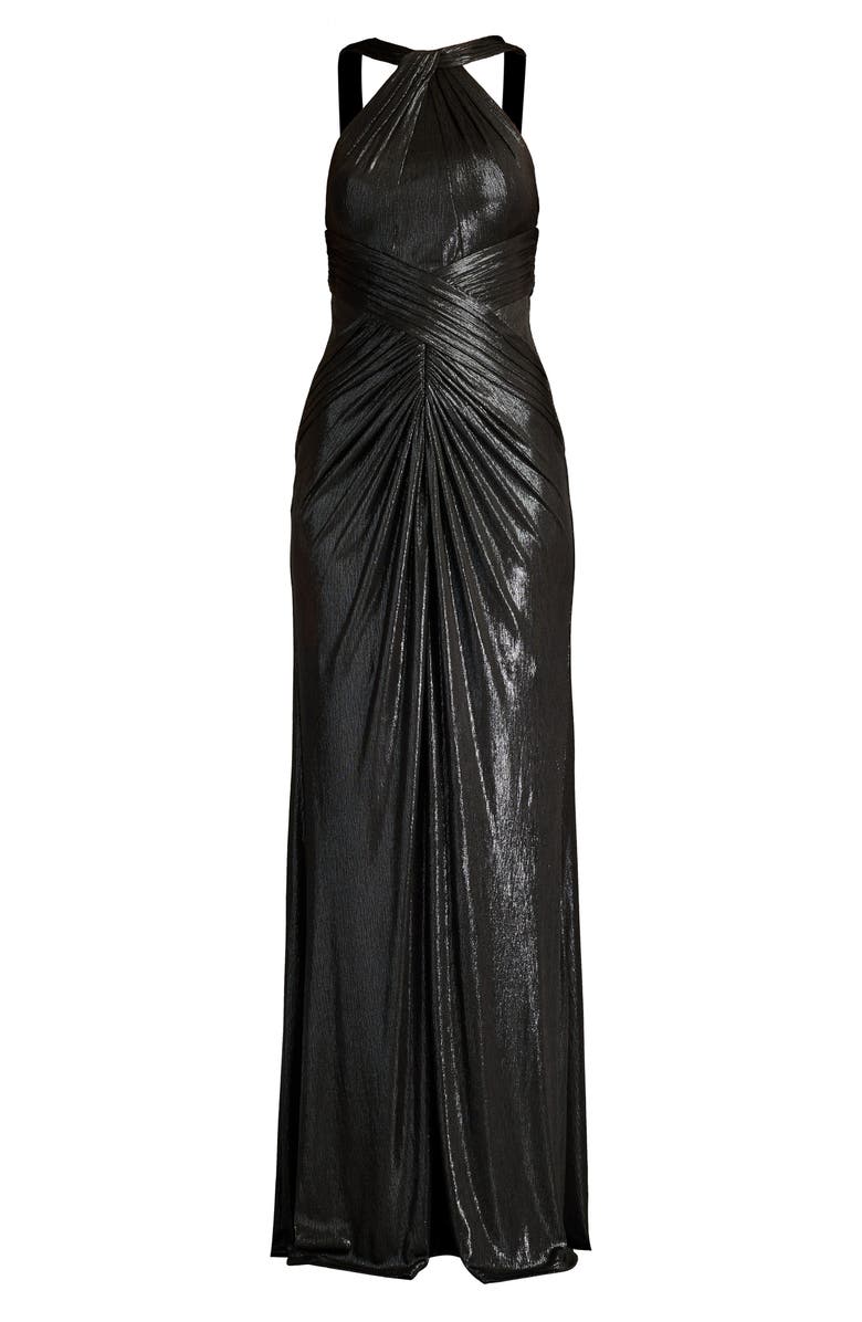 Tadashi Shoji Twist Halter Neck Metallic Jersey Gown, Alternate, color, 