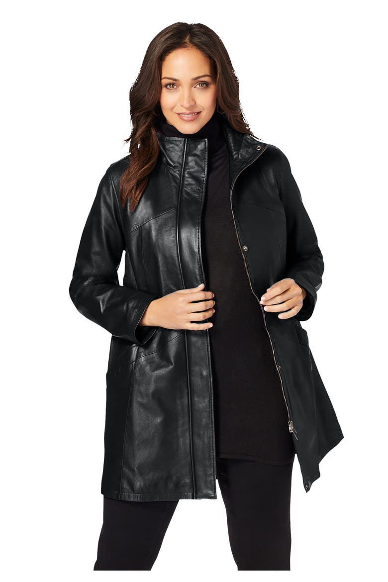 A Line Zip Front Leather Jacket, Main, color, BLACK