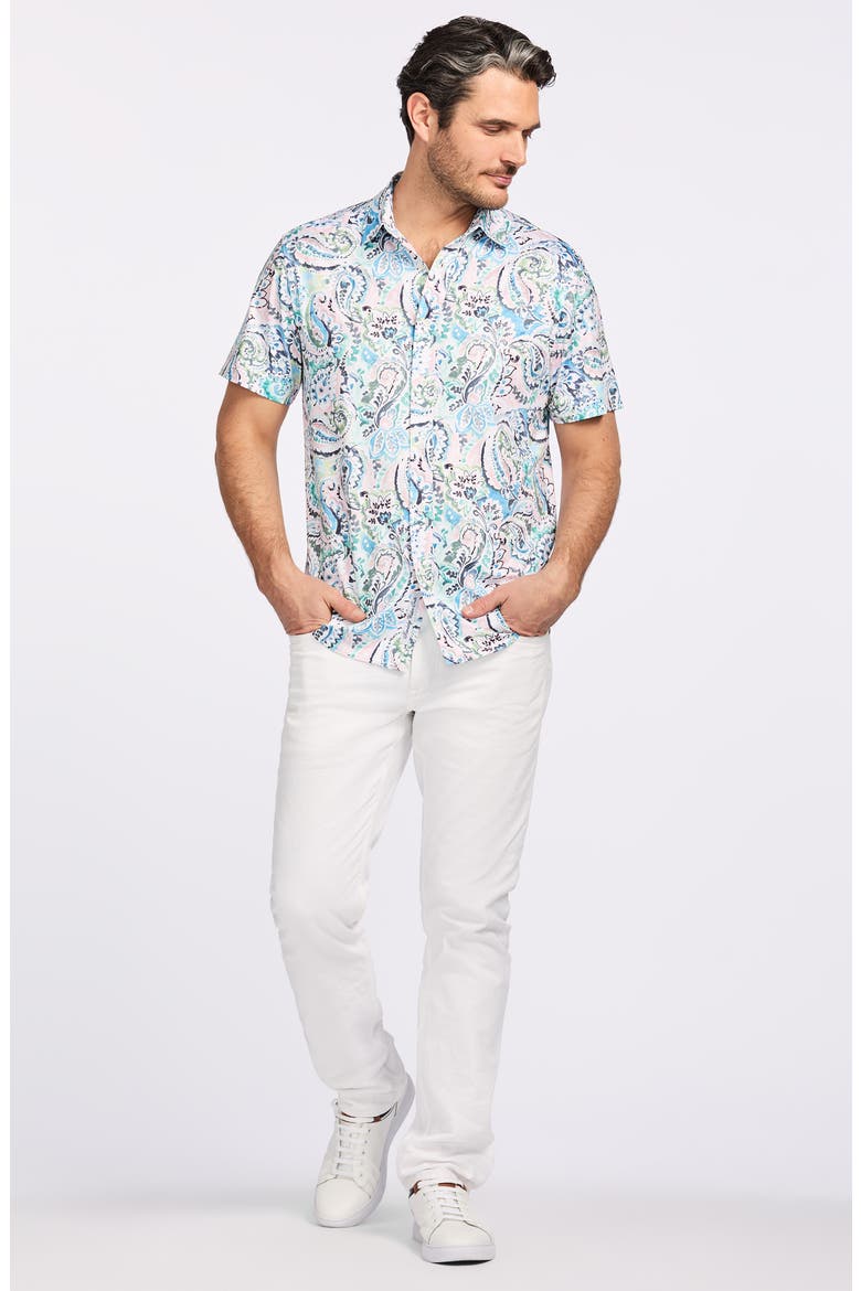 Floral Print Short Sleeve Cotton Button-Up Shirt, Alternate, color, BLUE MULTI