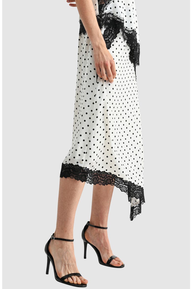Asymmetric Lace Trim Satin Midi Skirt, Alternate, color, WHITE BLACK DOT