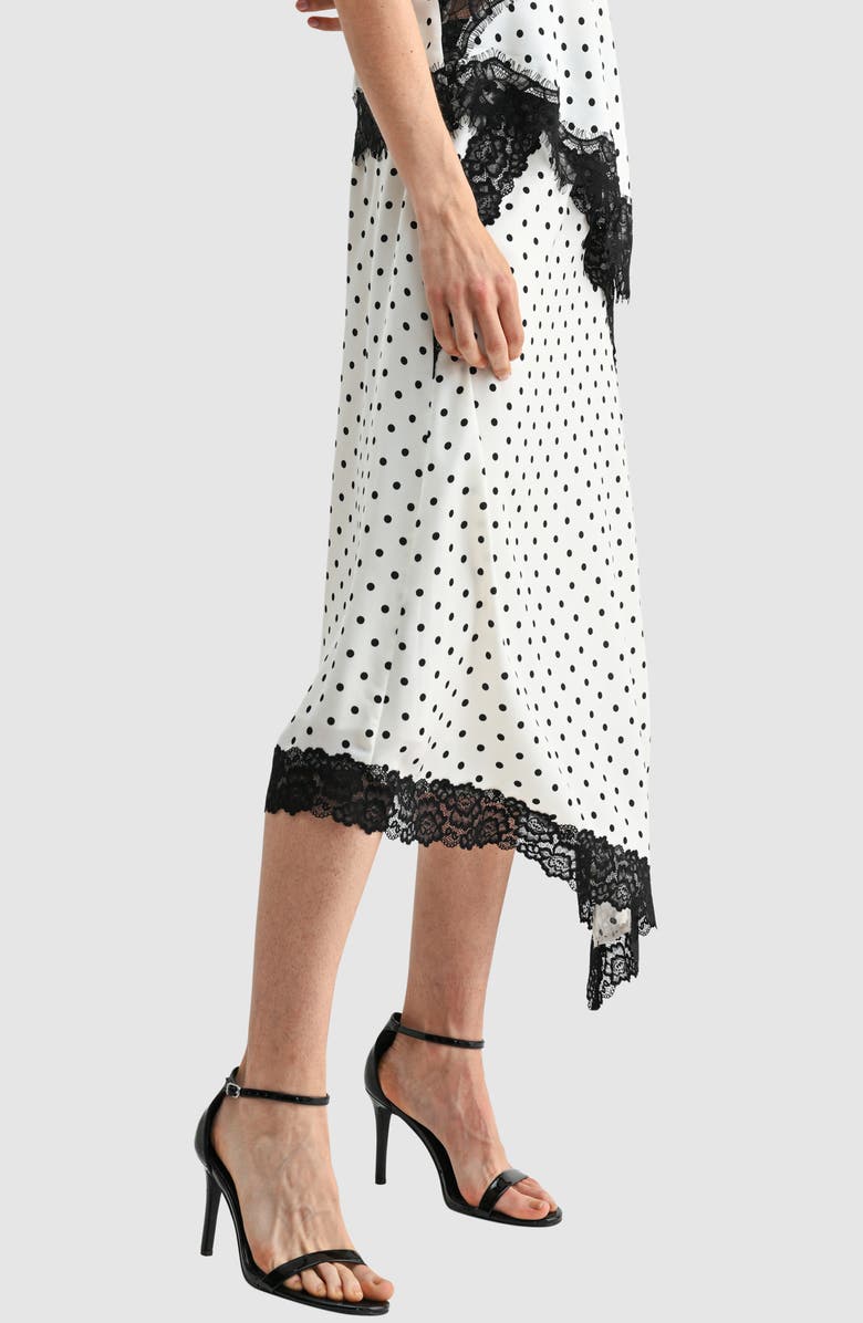 Lush Asymmetric Lace Trim Satin Midi Skirt, Alternate, color, White Black Dot