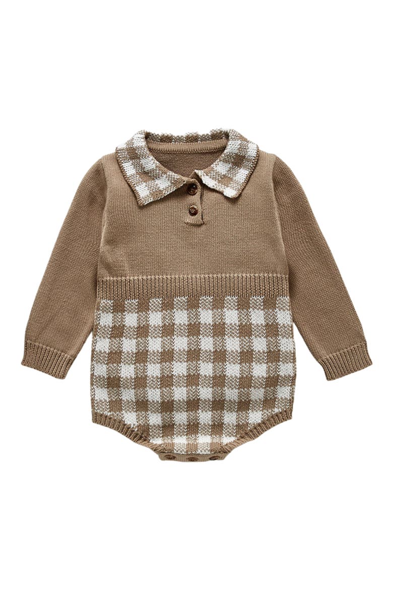 Hazel Gingham Long Sleeve Knit Cotton Bodysuit, Main, color, COFFEE