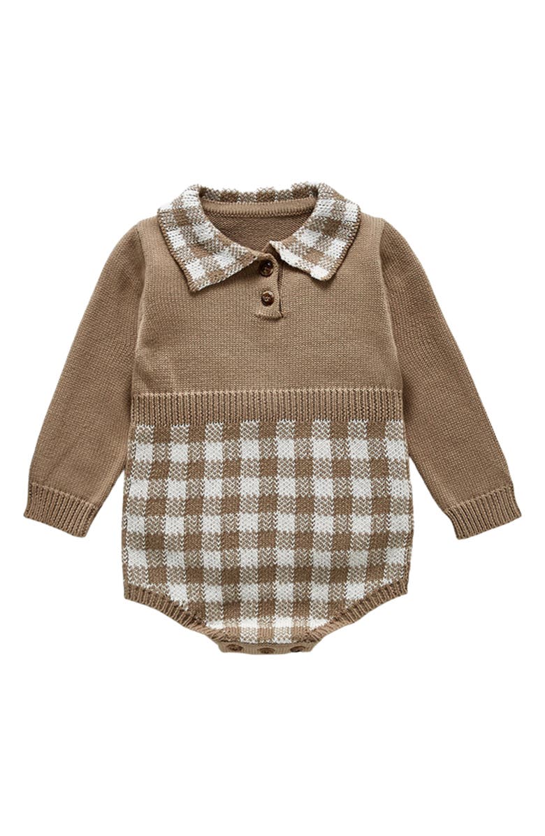 Ashmi & Co. Hazel Gingham Long Sleeve Knit Cotton Bodysuit, Main, color, Coffee