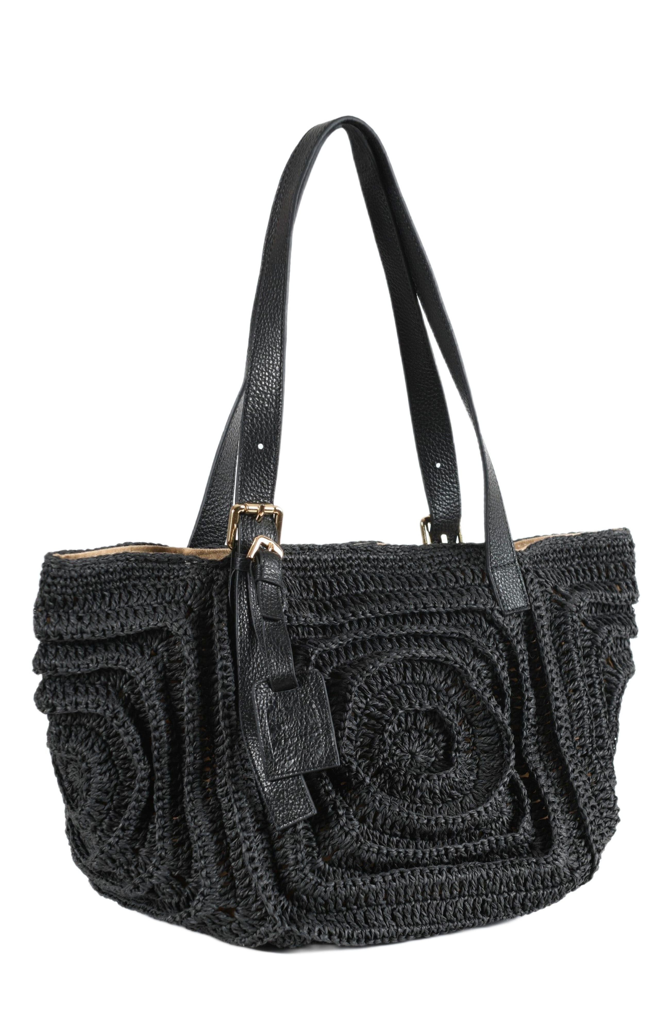 Forever & Always Shoes Giorgia Hand Woven Shoulder Bag with Leather Straps, Alternate, color, Black