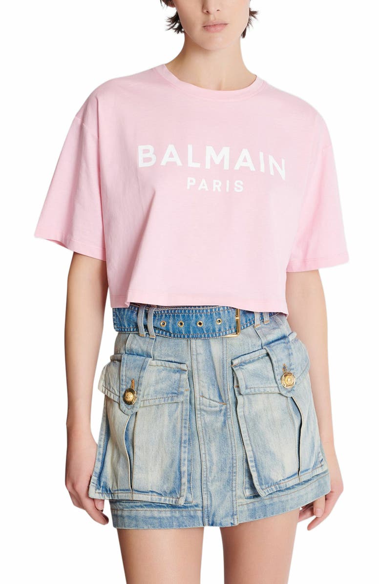 Balmain Cropped T-Shirt With Balmain Paris Print, Alternate, color,