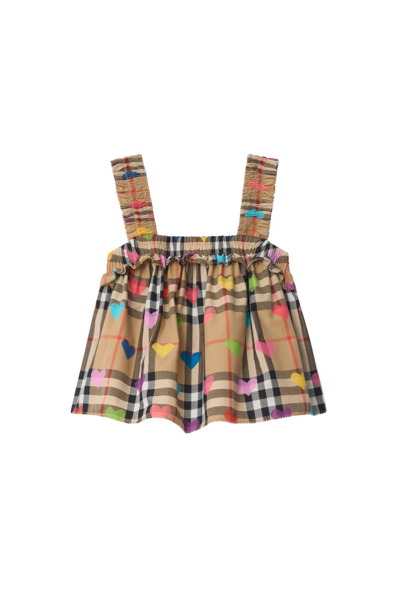 Girls' Heart Check Cotton Top, Alternate, color, Sand beige