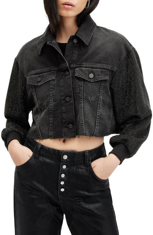 AllSaints Anders Beaded Sleeve Detail Denim Trucker Jacket in Washed Black 