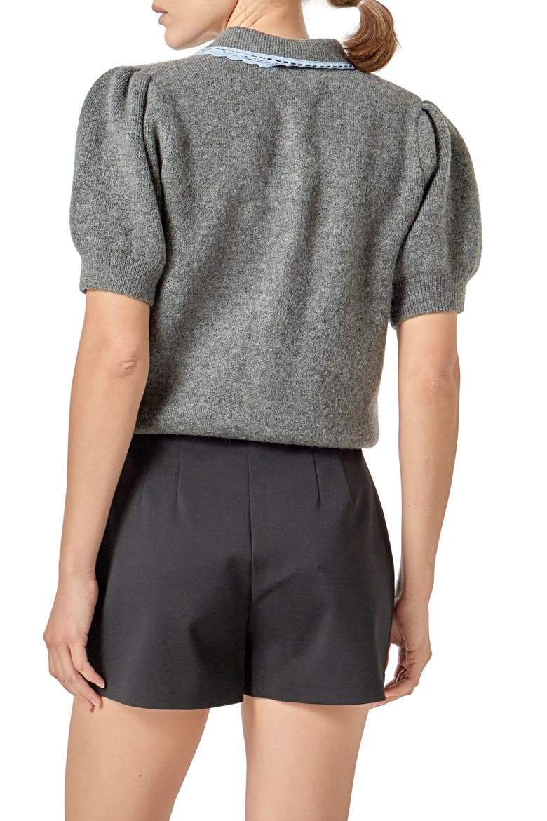 Lace Trim Puff Sleeve Cardigan, Alternate, color, HEATHER GREY